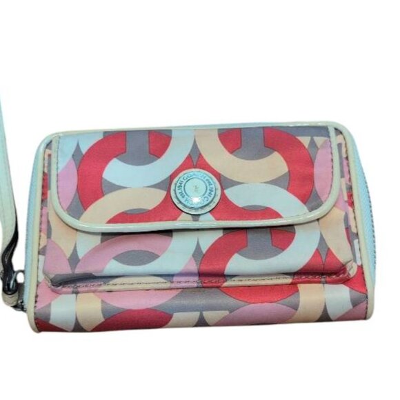 Coach Wallet Satin Multicolor Poppy Ikat Wristlet Monogram Print Zip Up Closer - Picture 1 of 6